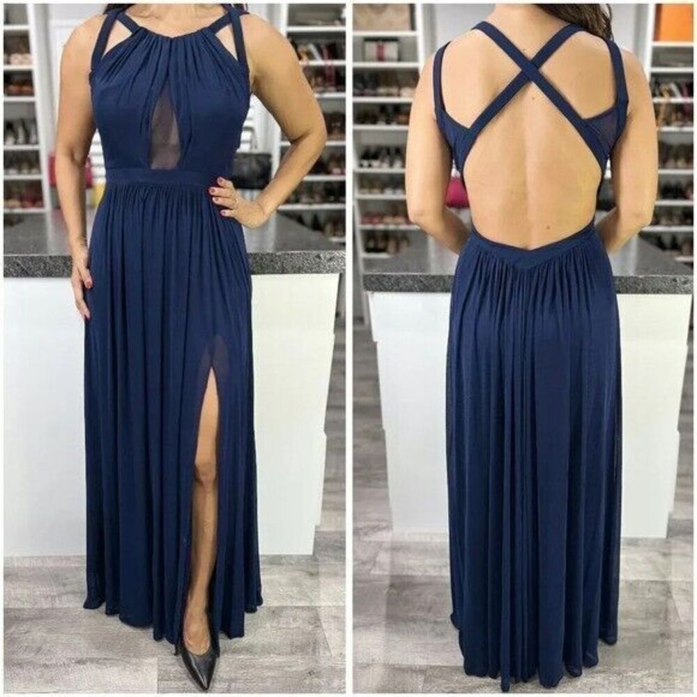 La Femme Women Keyhole Elegant Formal Gown Sz 4 Navy Chiffon Open Back Event